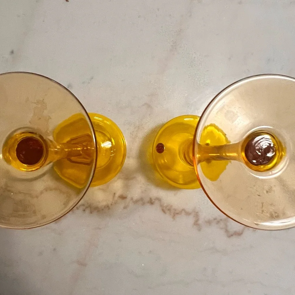 Set Of 2 Vintage Made In Italy Empoli Hand Blown Yellow Glass Candle Sticks